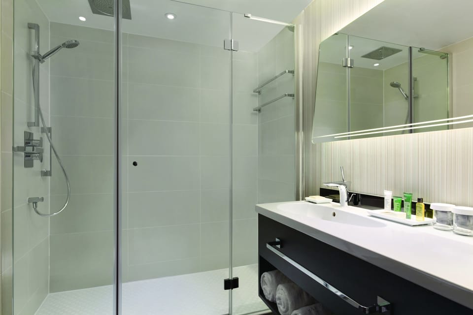 Shower, eco-friendly toiletries, hair dryer, towels