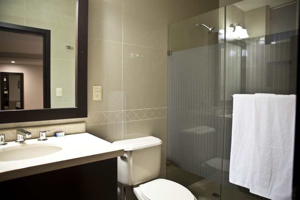 Shower, free toiletries, towels, soap