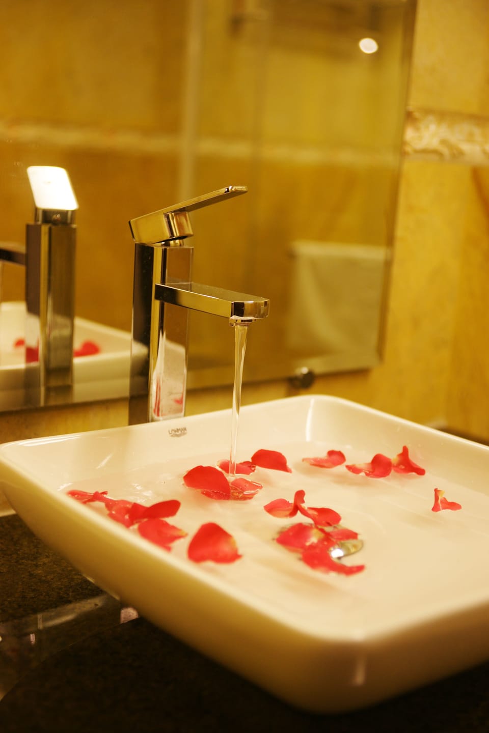 Shower, rainfall showerhead, free toiletries, hair dryer