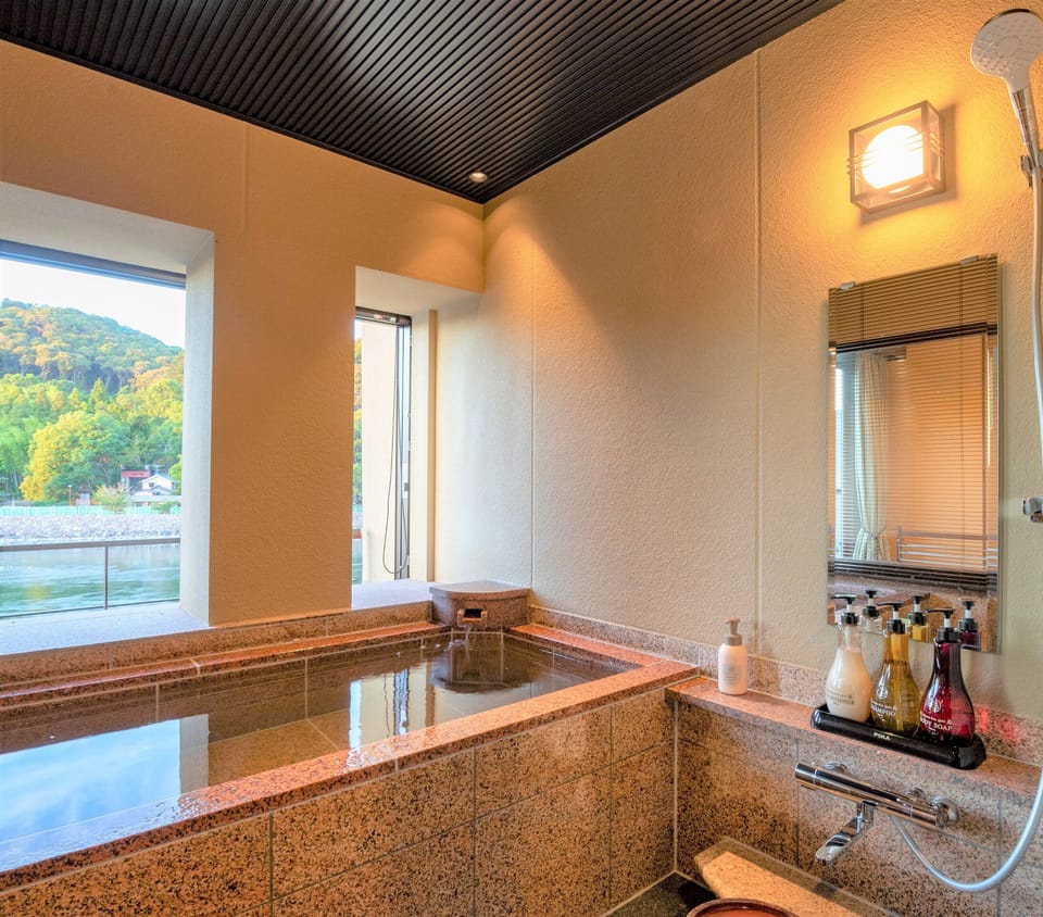 [RAN] Deluxe Twin, Uji River View with Half Open-Air Bath | Bathroom | Free toiletries, hair dryer, bathrobes, electronic bidet