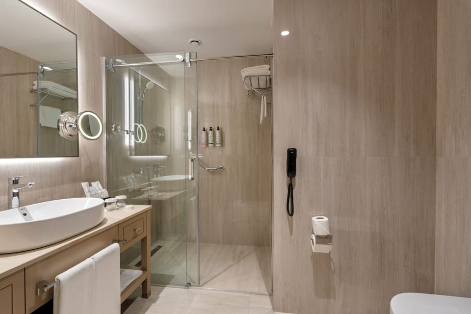 Shower, free toiletries, hair dryer, towels