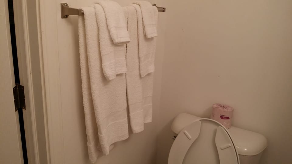 Combined shower/tub, hair dryer, towels
