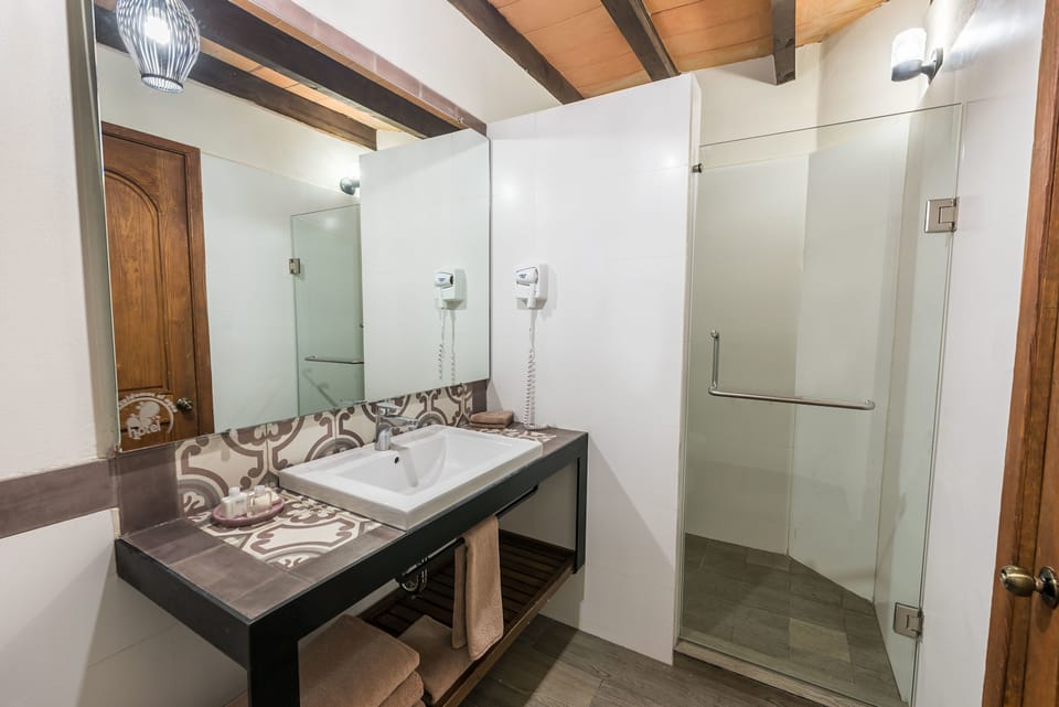 Shower, rainfall showerhead, towels