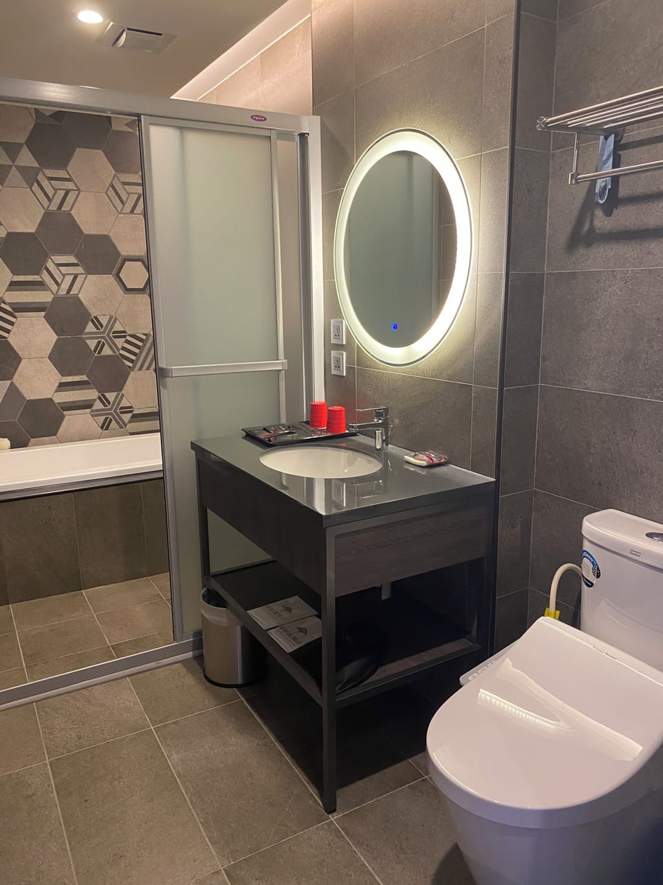 Shower, hair dryer, slippers, electronic bidet