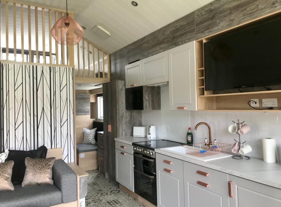 Cabin | Private kitchen | Fridge, microwave, oven, stovetop