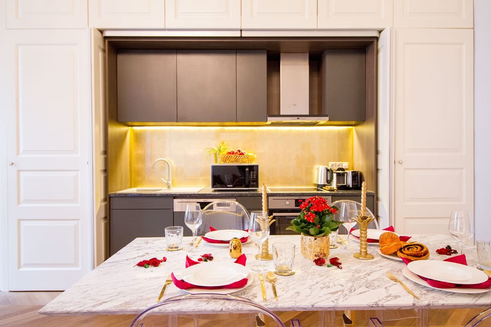 Luxury Apartment | Private kitchen | Full-size fridge, oven, dishwasher, toaster