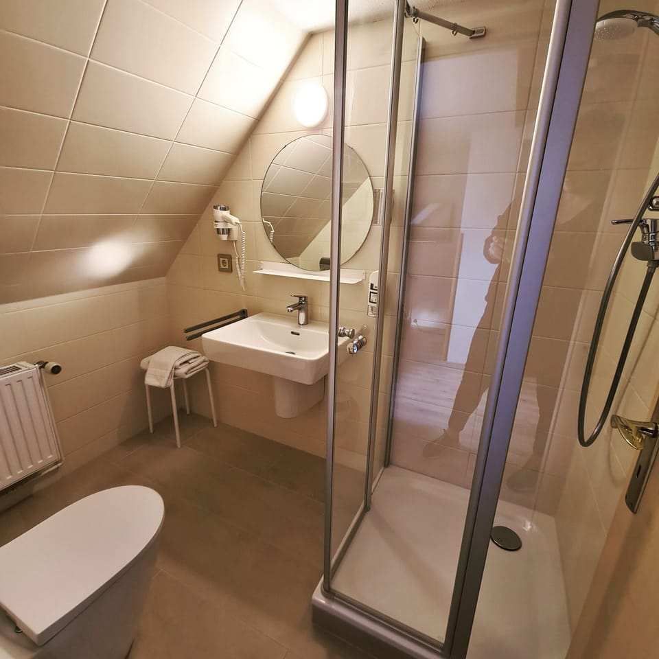 Twin Room | Bathroom | Shower, hair dryer, towels