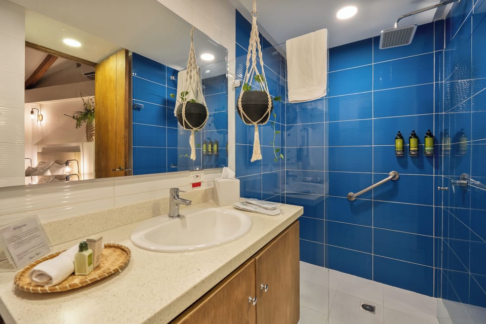 Shower, rainfall showerhead, free toiletries, hair dryer