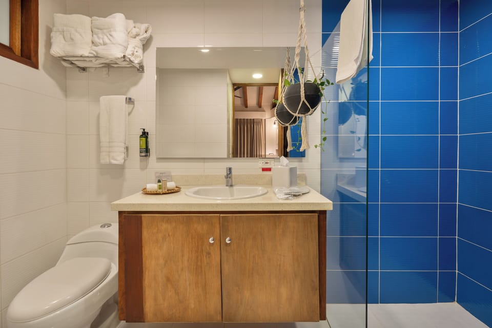 Shower, rainfall showerhead, free toiletries, hair dryer