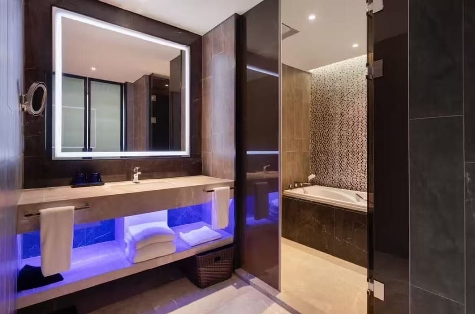 Deluxe Suite, 1 King Bed | Bathroom | Rainfall showerhead, free toiletries, hair dryer, bathrobes