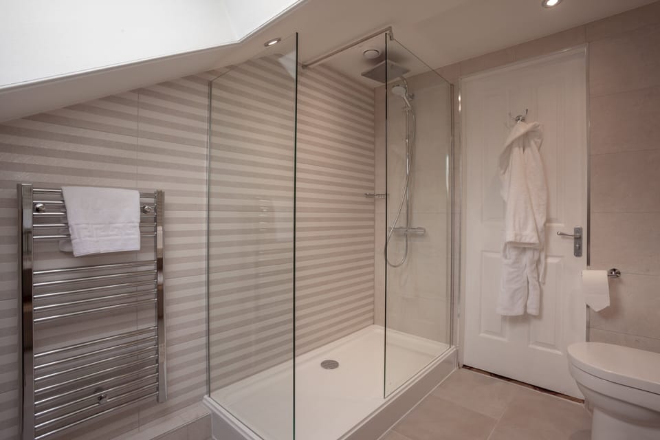 Combined shower/tub, eco-friendly toiletries, hair dryer, towels