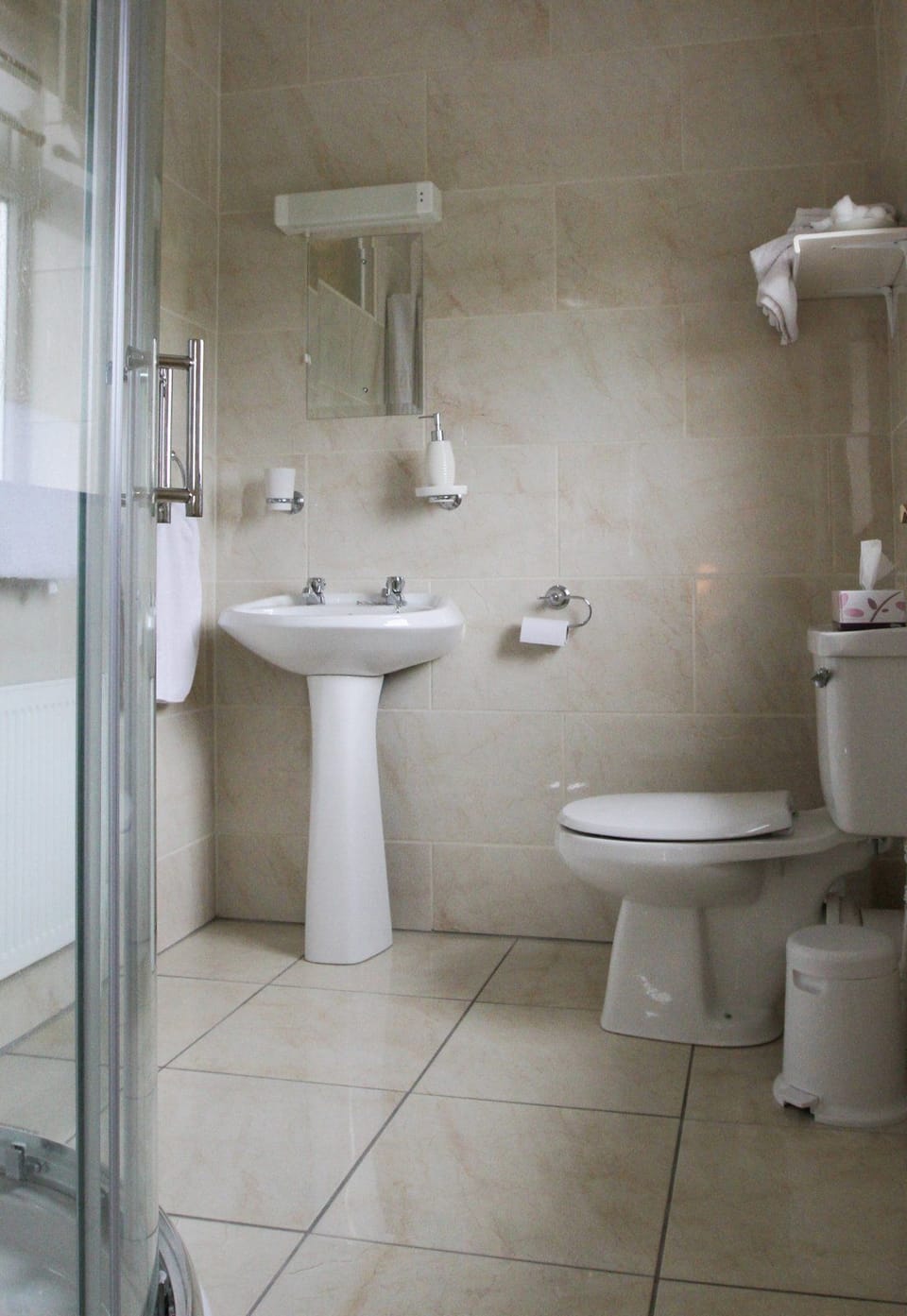 Shower, free toiletries, hair dryer, towels
