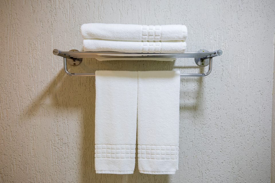 Shower, rainfall showerhead, free toiletries, hair dryer