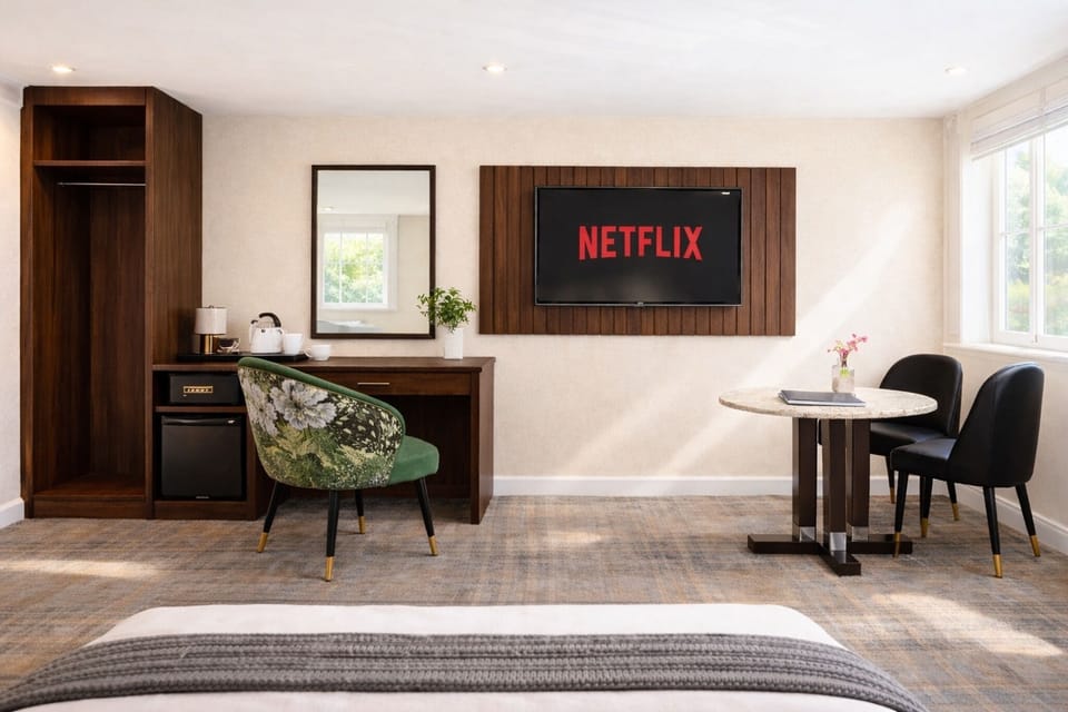 Premium bedding, down comforters, desk, laptop workspace