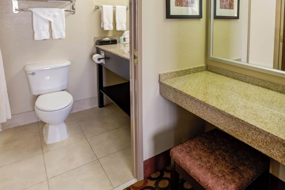 Combined shower/tub, free toiletries, hair dryer, towels