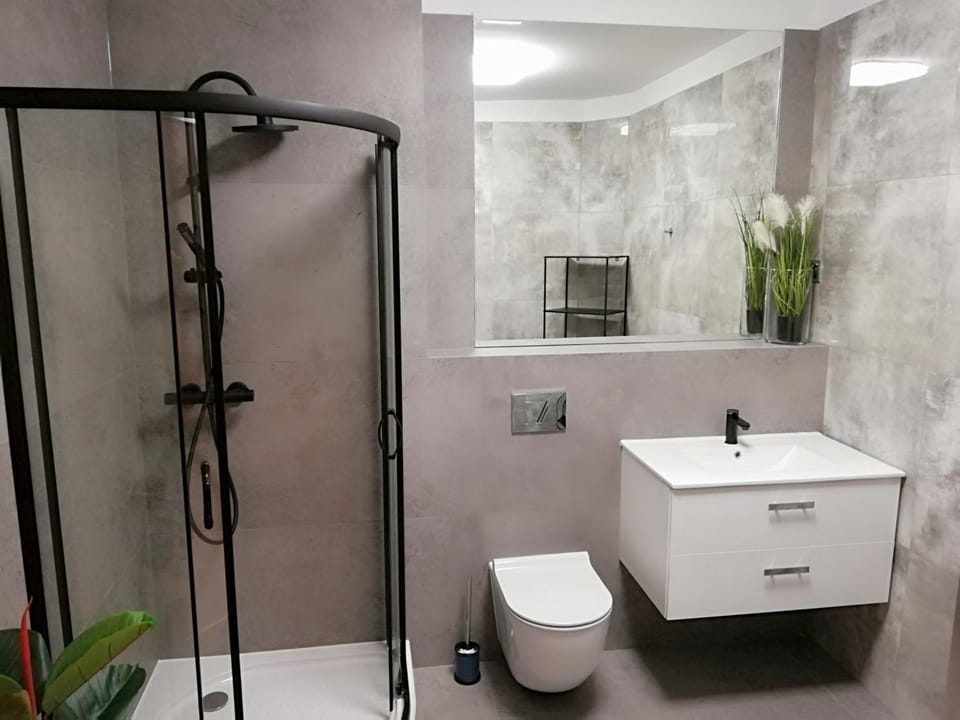 Shower, rainfall showerhead, hair dryer, towels