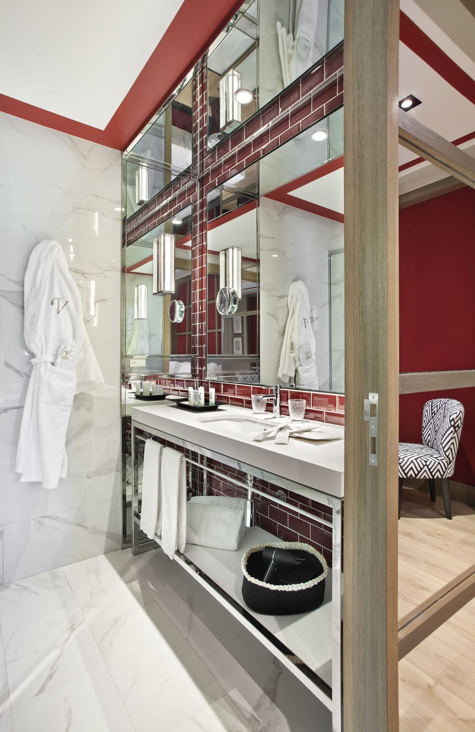 Shower, rainfall showerhead, hair dryer, towels