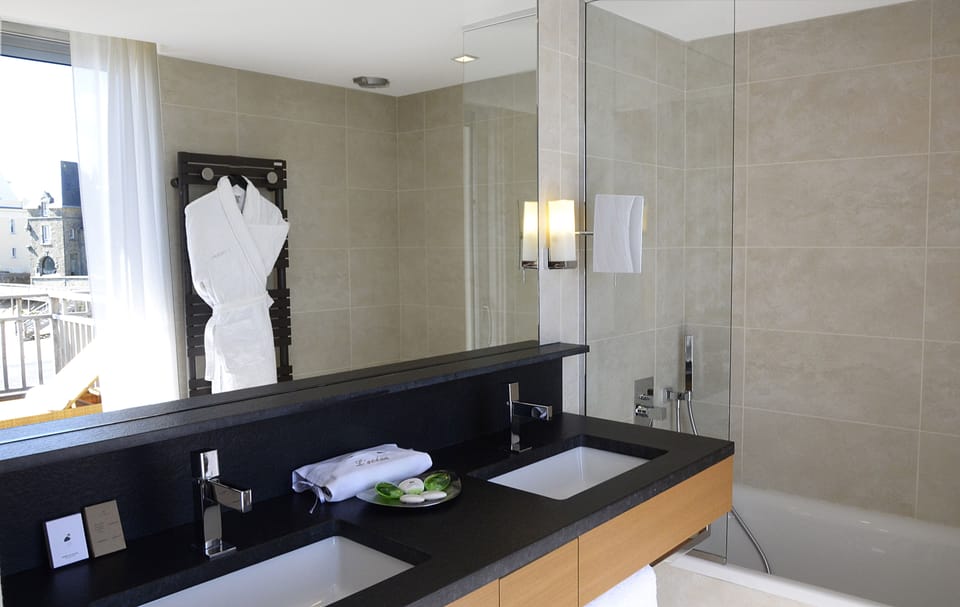 Hair dryer, bathrobes, towels