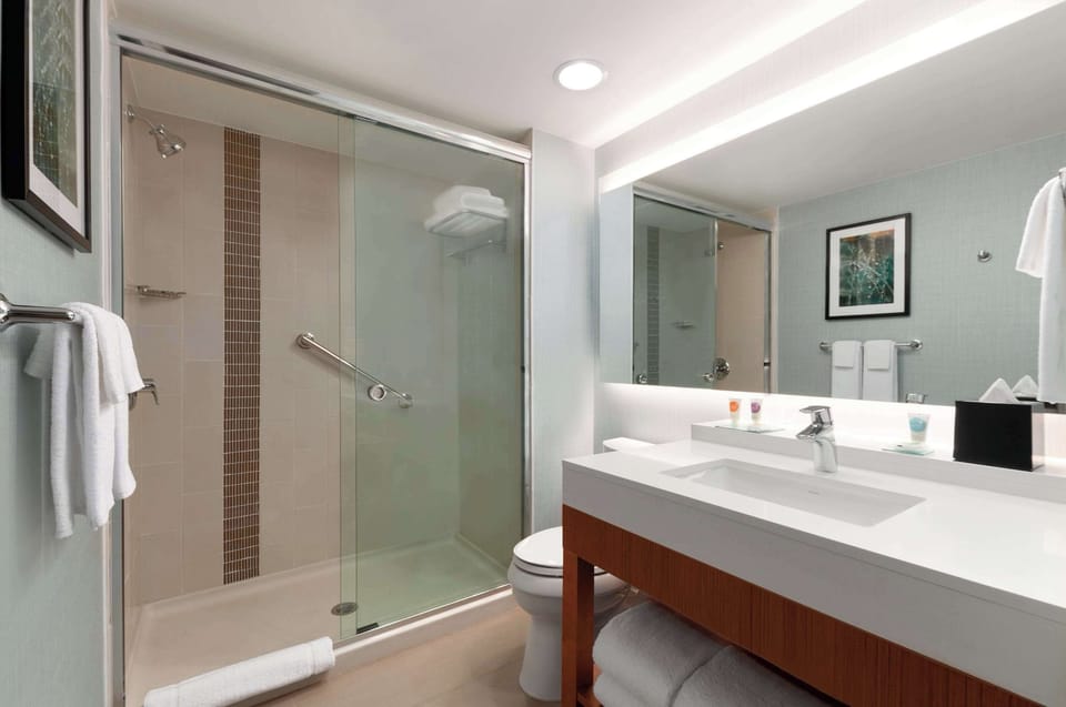 Designer toiletries, hair dryer, towels