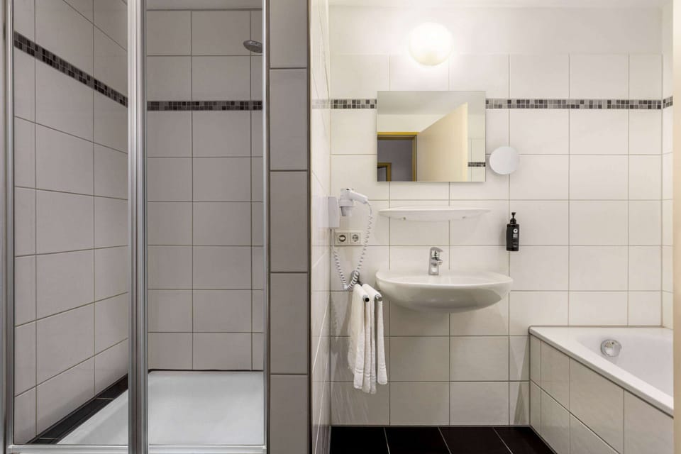 Hair dryer, towels, soap, shampoo