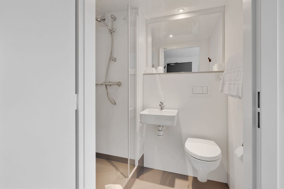 Shower, free toiletries, hair dryer, towels