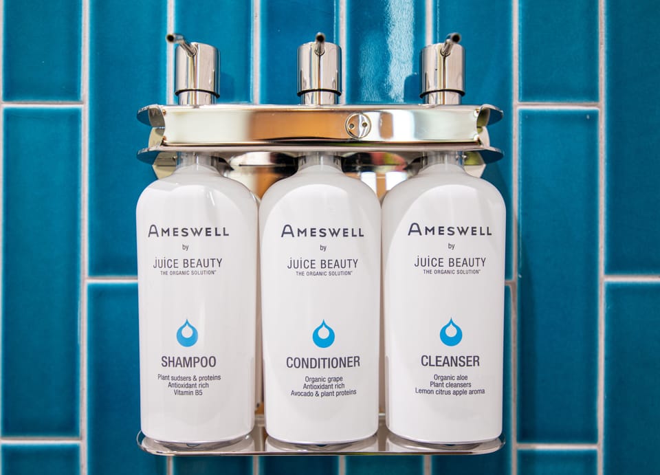 Rainfall showerhead, designer toiletries, hair dryer, bathrobes