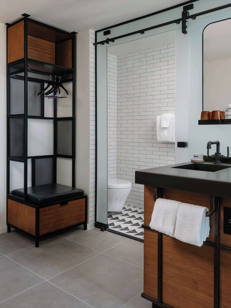 Shower, rainfall showerhead, designer toiletries, hair dryer
