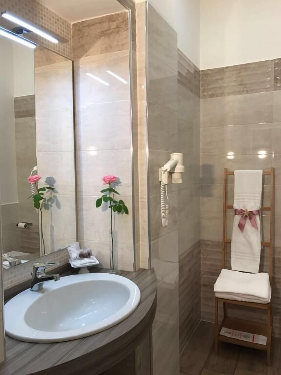 Shower, rainfall showerhead, hair dryer, bathrobes