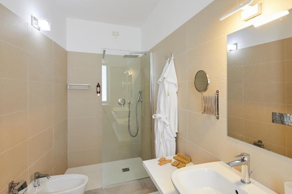 Shower, rainfall showerhead, bathrobes, slippers