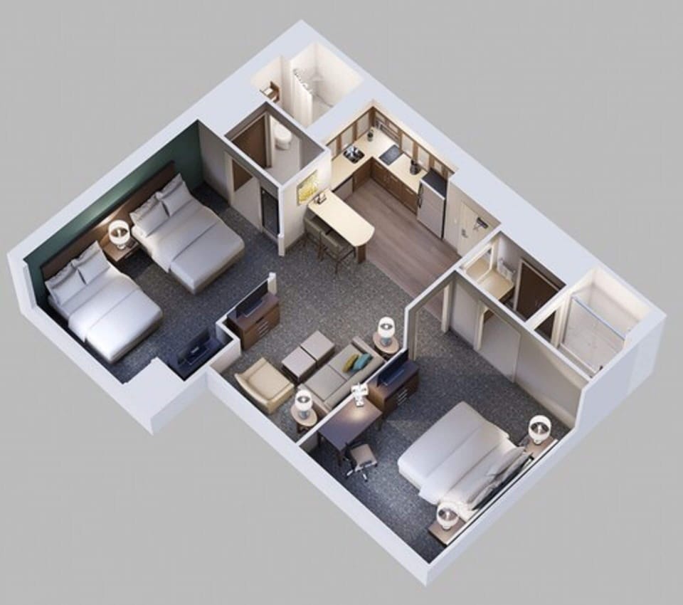 Down comforters, desk, blackout drapes, iron/ironing board