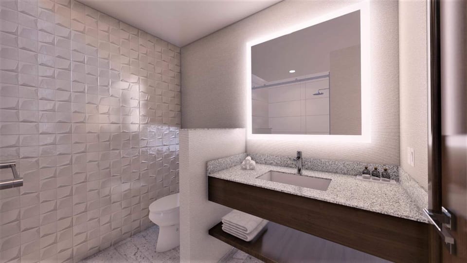 Shower, free toiletries, hair dryer