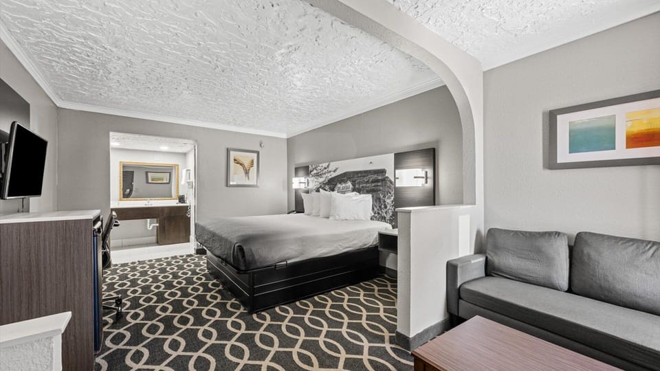Suite, 1 King Bed, Non Smoking | Desk, laptop workspace, blackout drapes, iron/ironing board