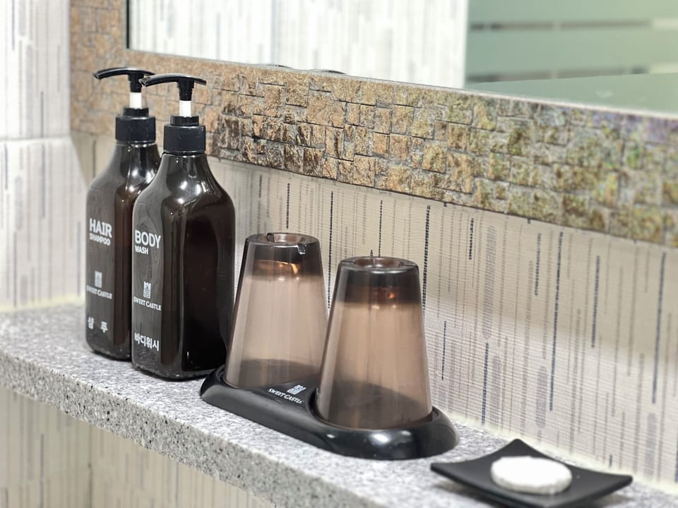 Shower, hair dryer, heated floors, towels
