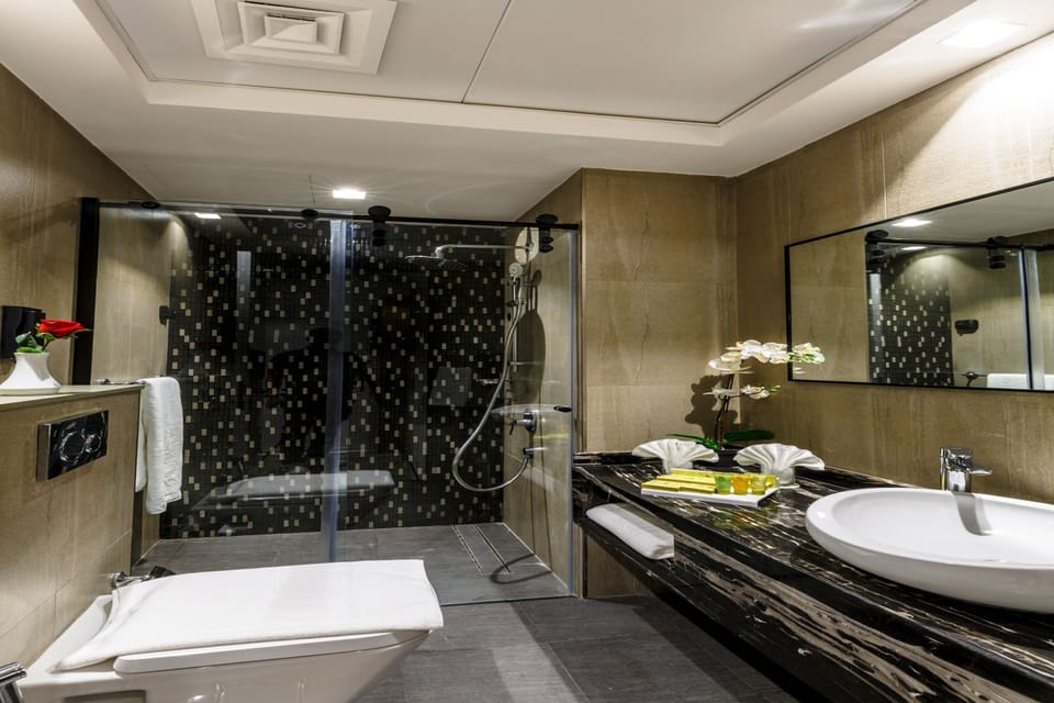 Shower, free toiletries, hair dryer, slippers