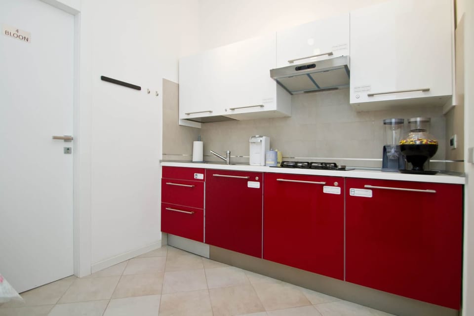 Fridge, microwave, electric kettle, cookware/dishes/utensils