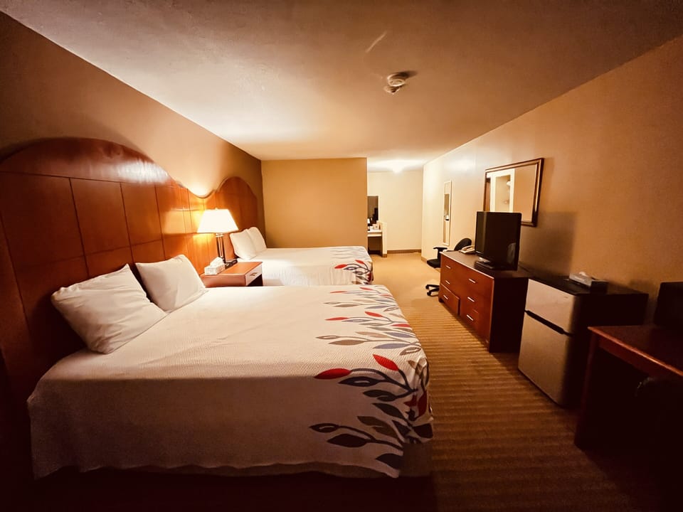 Double Room, 2 Queen Beds | Desk, blackout drapes, iron/ironing board, free WiFi
