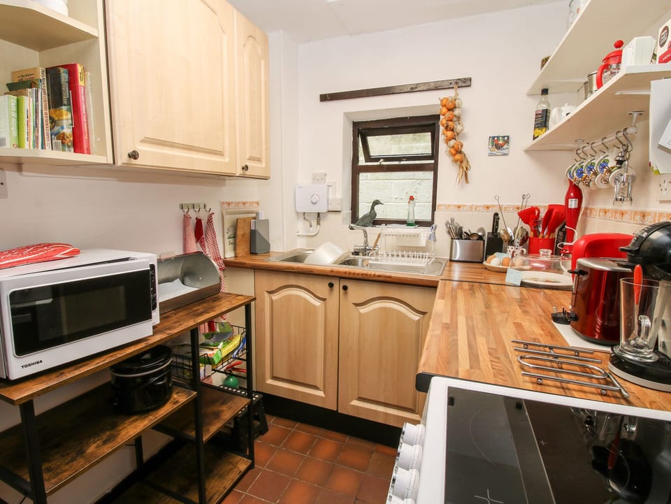 Fridge, microwave, electric kettle, toaster