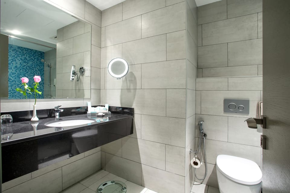 Shower, free toiletries, hair dryer, bidet