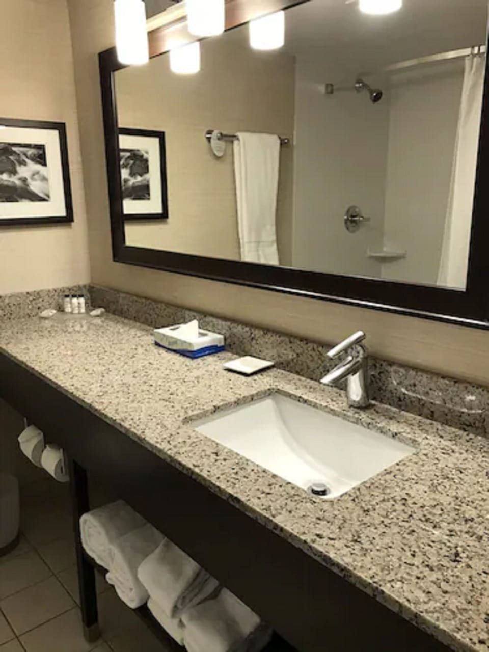 Rainfall showerhead, free toiletries, hair dryer, heated floors