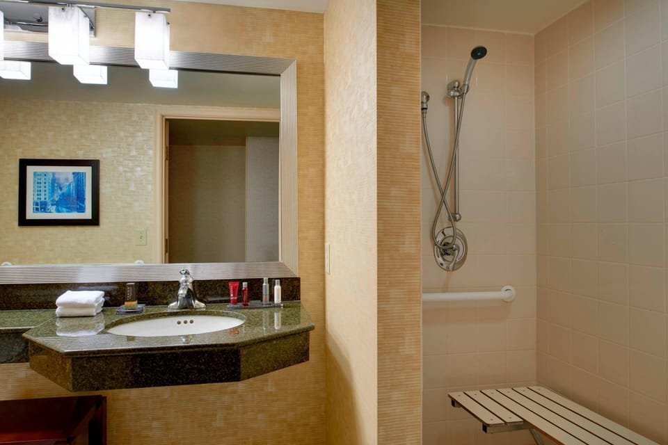 Combined shower/tub, free toiletries, hair dryer, towels