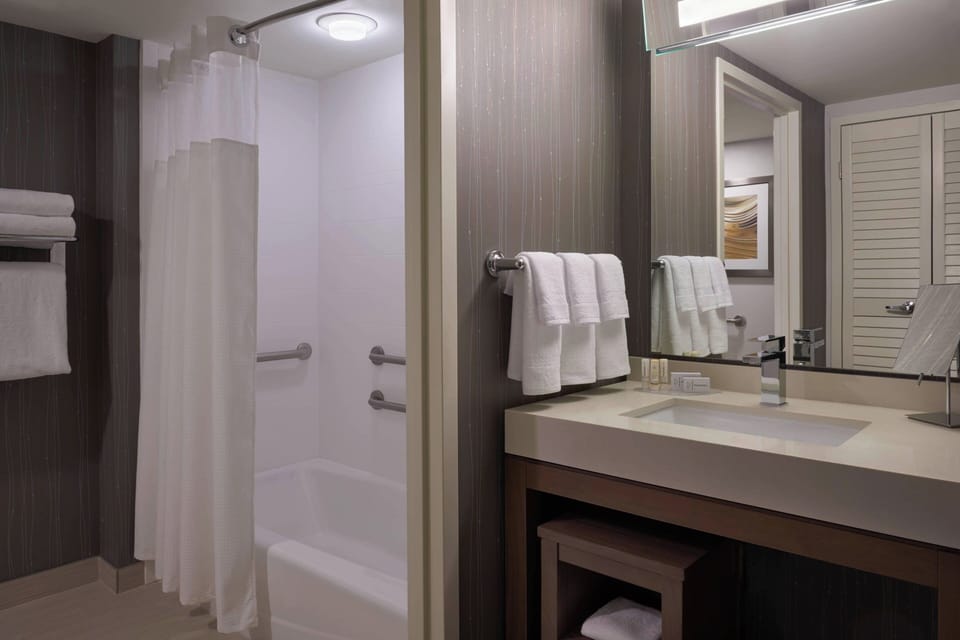 Combined shower/tub, hair dryer, towels