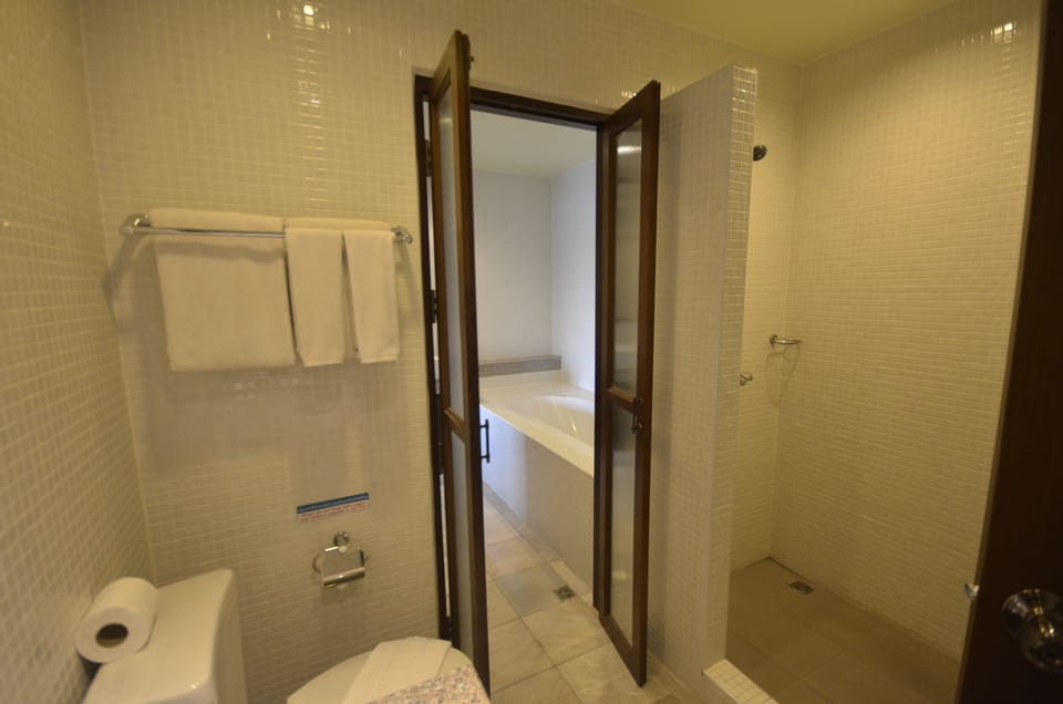 Deluxe 1 Bedroom Apartment | Bathroom | Hair dryer, towels, soap, shampoo