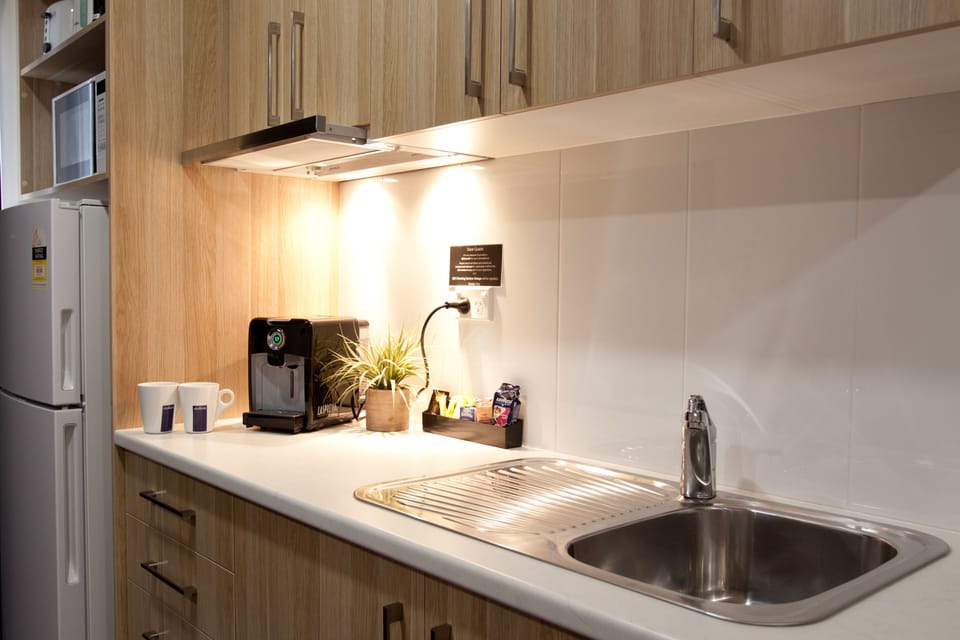 Coffee/tea maker, fridge, microwave, electric kettle