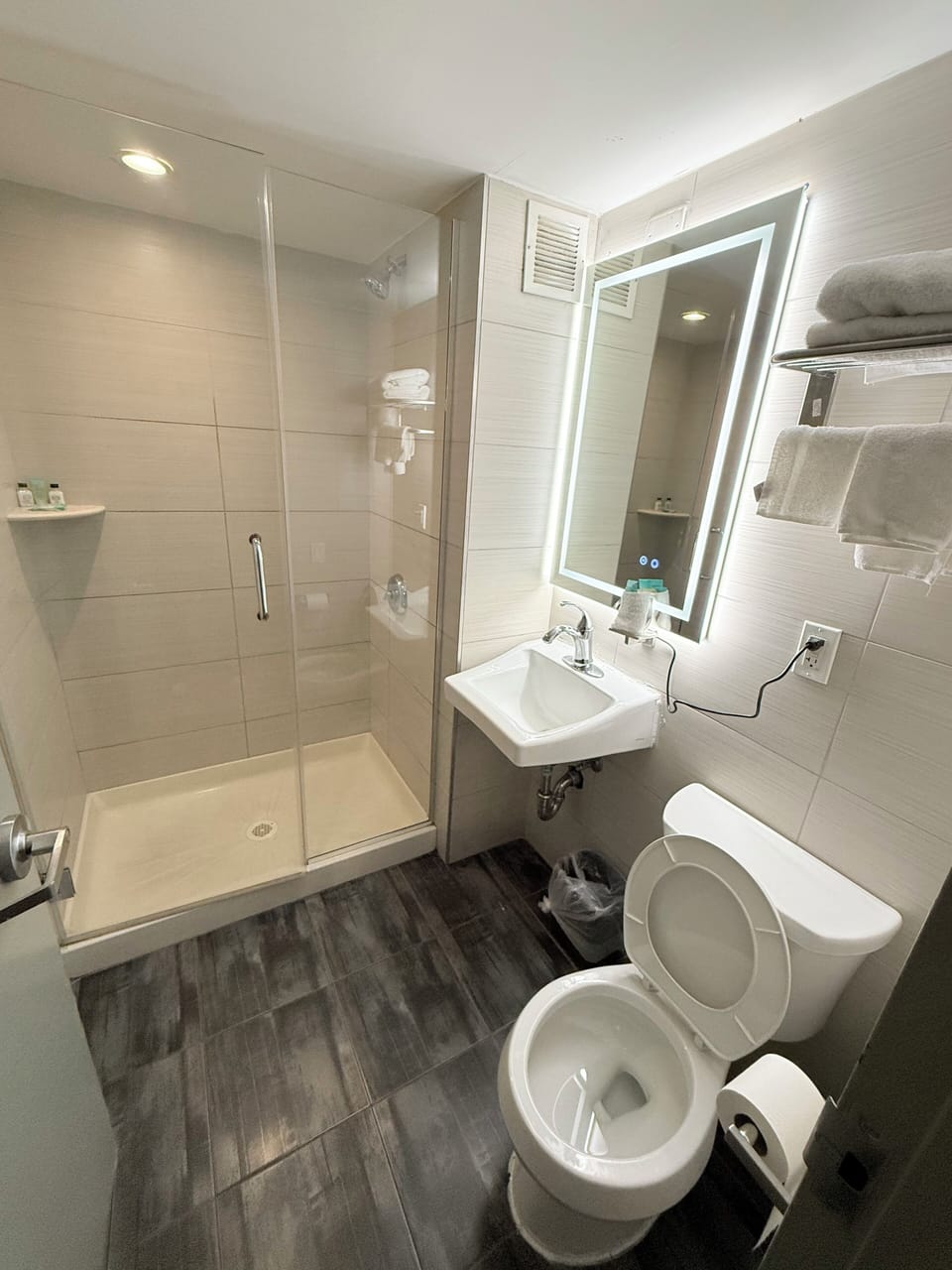 Shower, towels, soap, shampoo