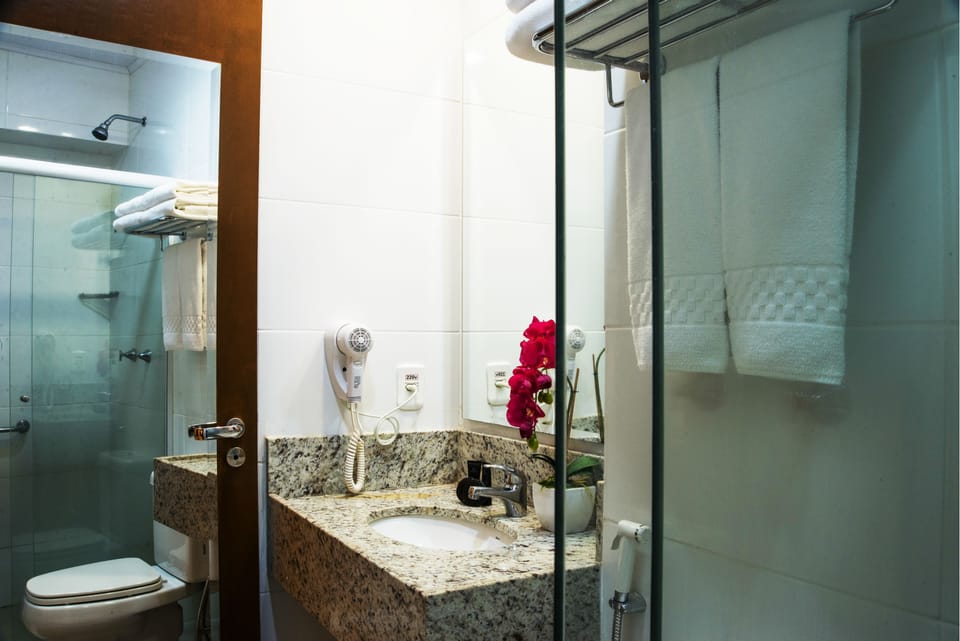 Shower, free toiletries, hair dryer, towels