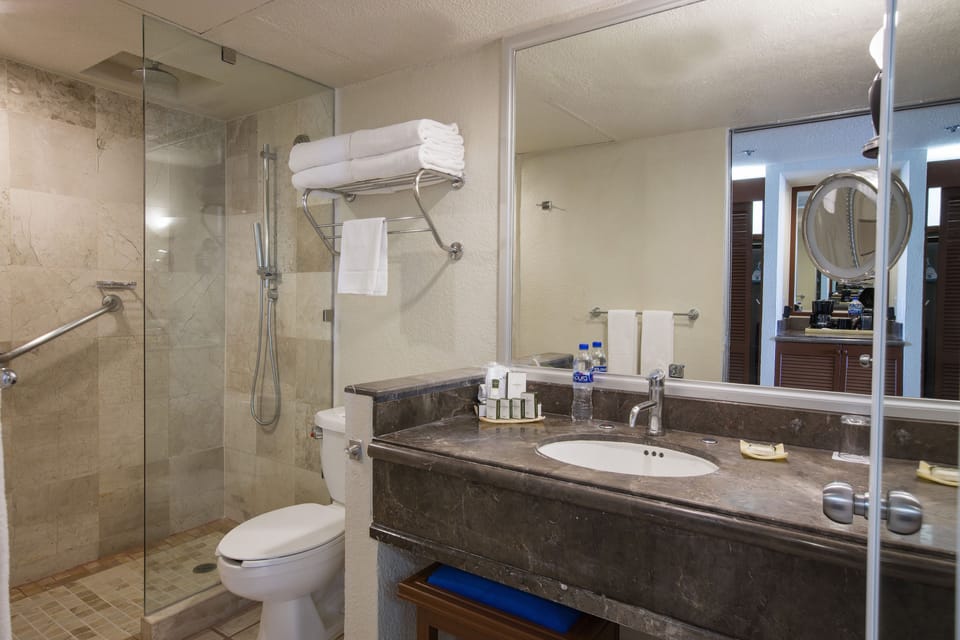 Shower, free toiletries, hair dryer, bathrobes