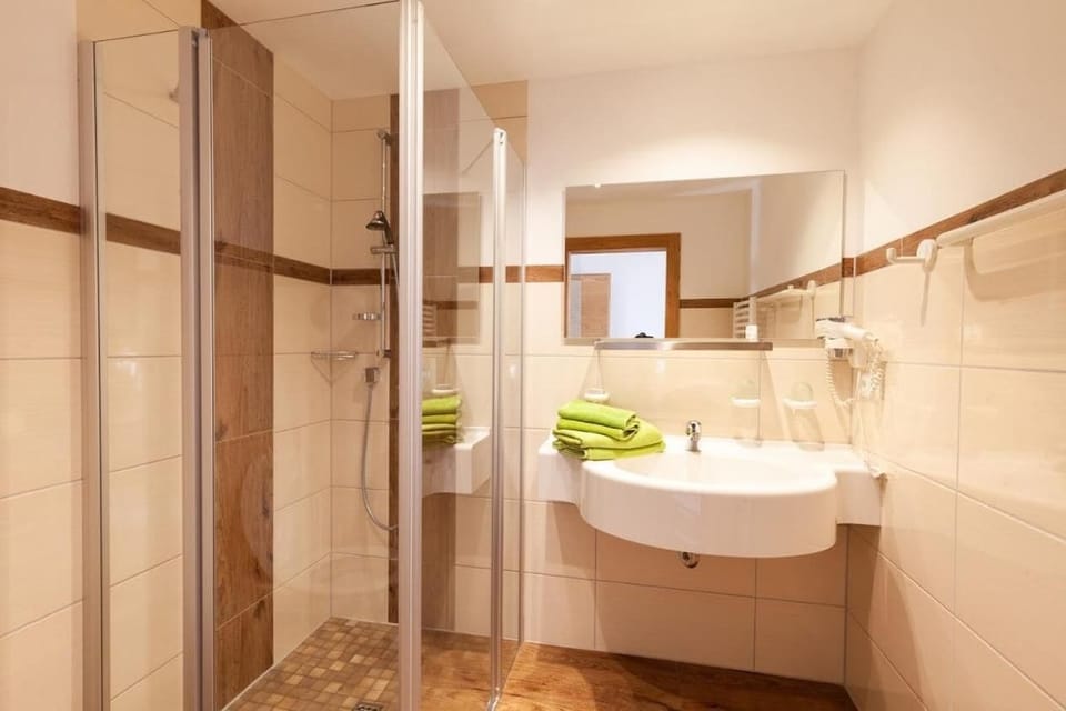 Shower, free toiletries, hair dryer, towels
