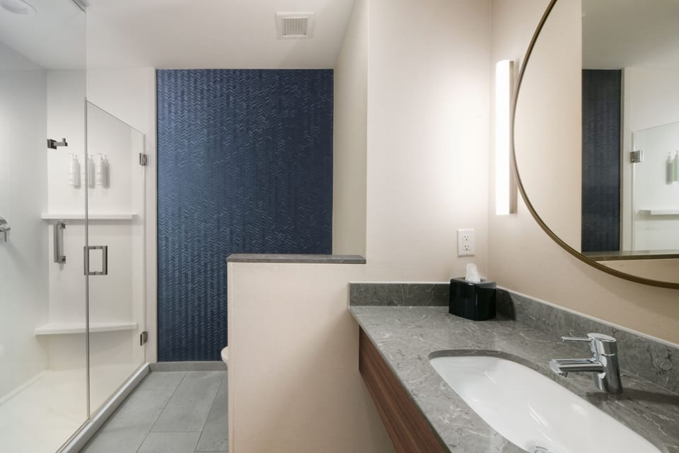 Combined shower/tub, free toiletries, hair dryer, towels