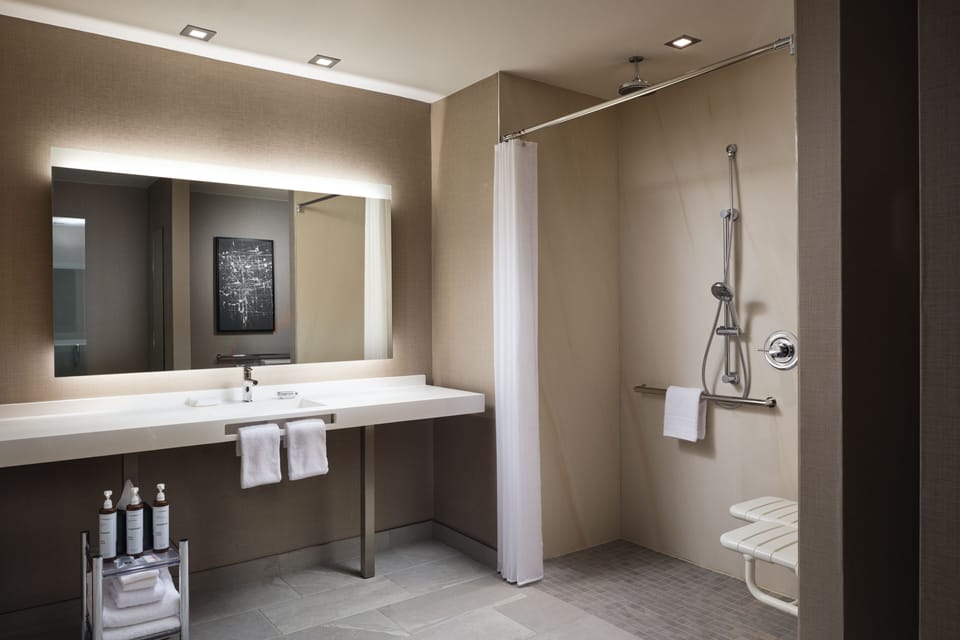 Room, 1 King Bed with Sofa bed (Mobility Accessible, Transfer Shower) | Bathroom | Free toiletries, hair dryer, bathrobes, towels