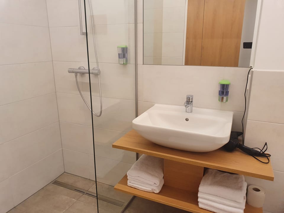 Shower, hair dryer, heated floors, towels